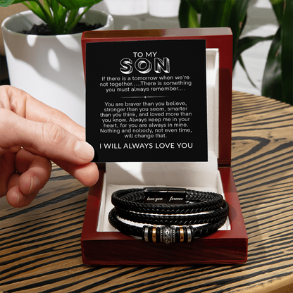 To My Son Bracelet, Braided Leather Bracelet with Stainless Steel Beads, Inspirational Message Card, Gift from Mom and Dad, Birthday Graduation Christmas Gift for Son, Keepsake Jewelry for Men