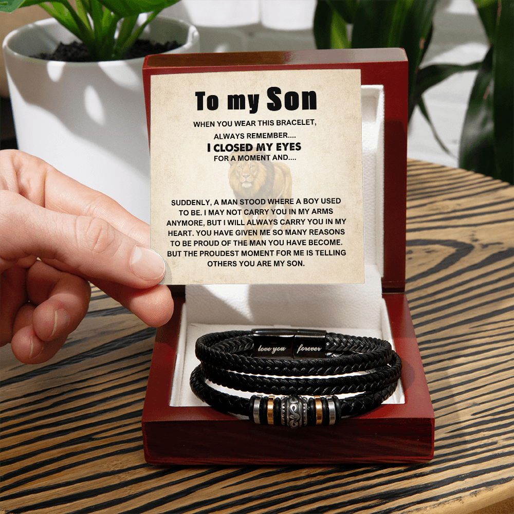 To My Son Bracelet, Braided Leather Bracelet with Stainless Steel Beads, Inspirational Message Card, Gift from Mom and Dad, Birthday Graduation Christmas Gift for Son, Keepsake Jewelry for Men