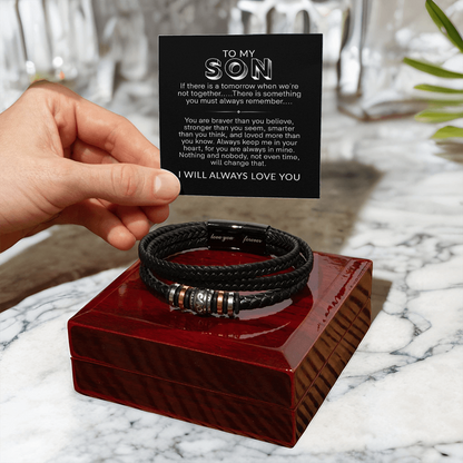 To My Son Bracelet, Braided Leather Bracelet with Stainless Steel Beads, Inspirational Message Card, Gift from Mom and Dad, Birthday Graduation Christmas Gift for Son, Keepsake Jewelry for Men