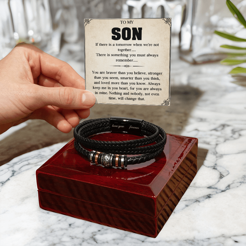 To My Son Bracelet, Braided Leather Bracelet with Stainless Steel Beads, Inspirational Message Card, Gift from Mom and Dad, Birthday Graduation Christmas Gift for Son, Keepsake Jewelry for Men