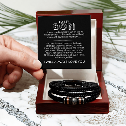 To My Son Bracelet, Braided Leather Bracelet with Stainless Steel Beads, Inspirational Message Card, Gift from Mom and Dad, Birthday Graduation Christmas Gift for Son, Keepsake Jewelry for Men