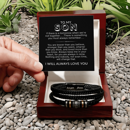 To My Son Bracelet, Braided Leather Bracelet with Stainless Steel Beads, Inspirational Message Card, Gift from Mom and Dad, Birthday Graduation Christmas Gift for Son, Keepsake Jewelry for Men