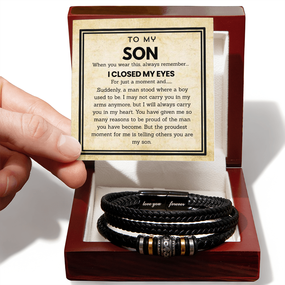 To My Son - Love You Forever Bracelet Jewelry with Heartfelt Message Card for Birthday, Graduation, or Christmas, Meaningful Gift from Mom and Dad