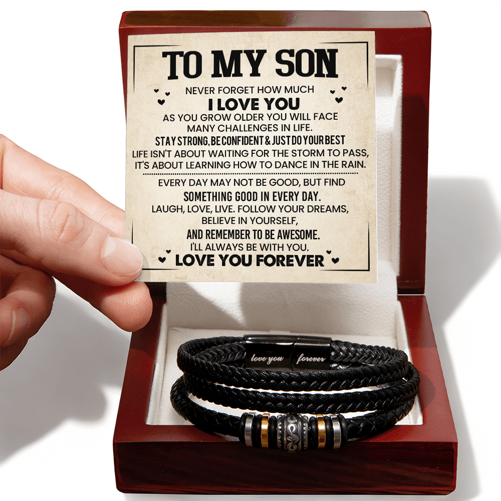 To My Son Bracelet, Braided Leather Bracelet with Stainless Steel Beads, Inspirational Message Card, Gift from Mom and Dad, Birthday Graduation Christmas Gift for Son, Keepsake Jewelry for Men
