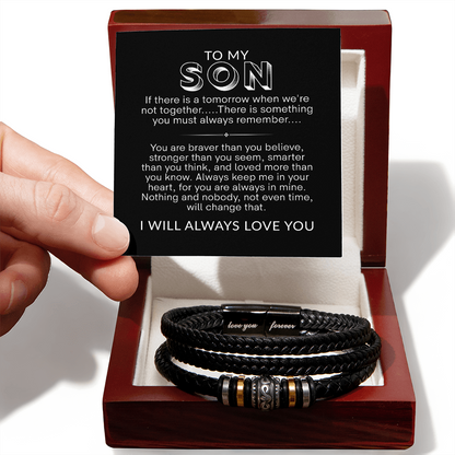 To My Son Bracelet, Braided Leather Bracelet with Stainless Steel Beads, Inspirational Message Card, Gift from Mom and Dad, Birthday Graduation Christmas Gift for Son, Keepsake Jewelry for Men