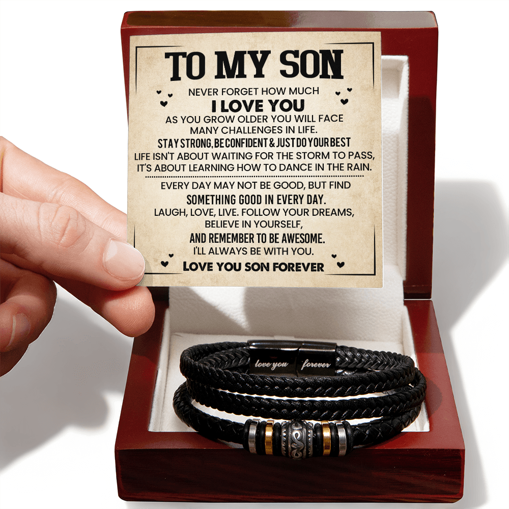 To My Son Bracelet from Mom – Braided Leather Cross Gift with Card, Birthday Graduation Present