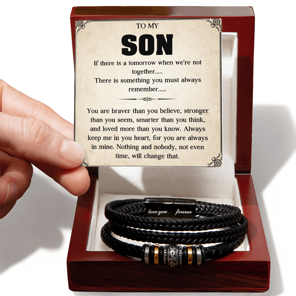 To My Son Bracelet, Braided Leather Bracelet with Stainless Steel Beads, Inspirational Message Card, Gift from Mom and Dad, Birthday Graduation Christmas Gift for Son, Keepsake Jewelry for Men