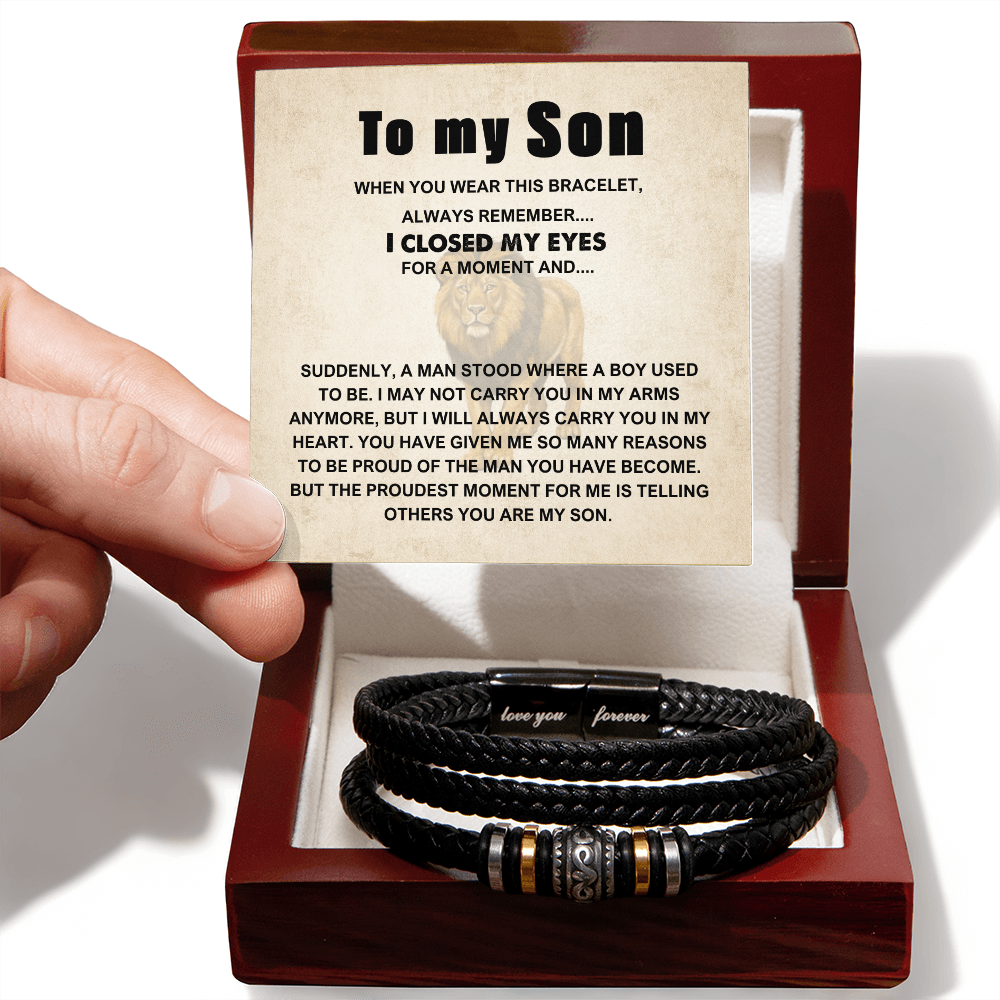 To My Son Bracelet, Braided Leather Bracelet with Stainless Steel Beads, Inspirational Message Card, Gift from Mom and Dad, Birthday Graduation Christmas Gift for Son, Keepsake Jewelry for Men