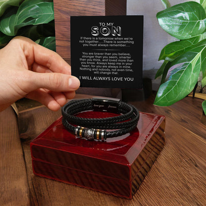 To My Son Bracelet, Braided Leather Bracelet with Stainless Steel Beads, Inspirational Message Card, Gift from Mom and Dad, Birthday Graduation Christmas Gift for Son, Keepsake Jewelry for Men