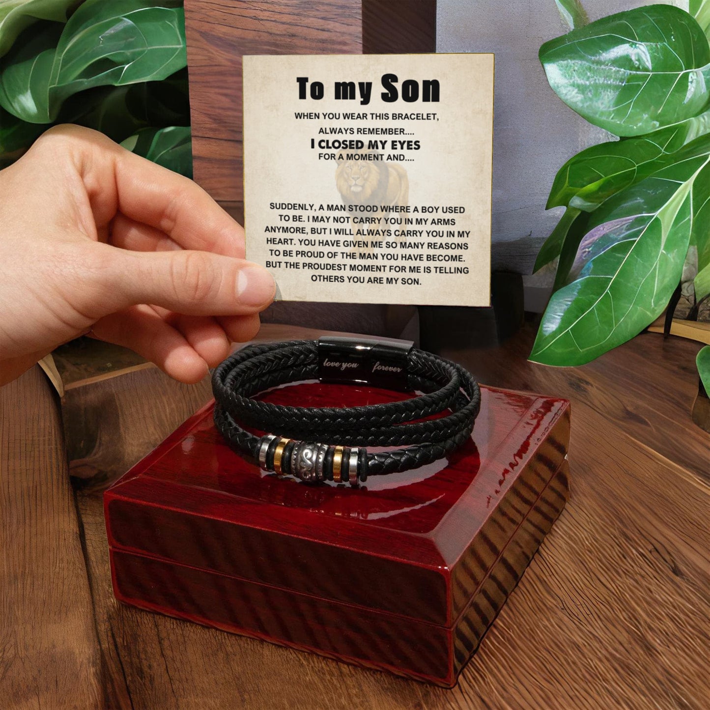 To My Son Bracelet, Braided Leather Bracelet with Stainless Steel Beads, Inspirational Message Card, Gift from Mom and Dad, Birthday Graduation Christmas Gift for Son, Keepsake Jewelry for Men