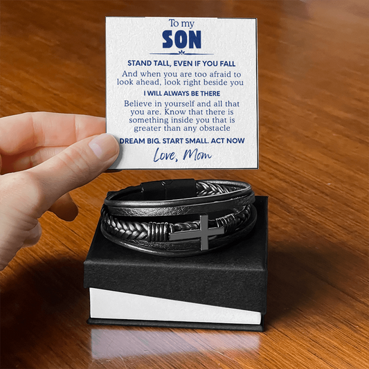 To My Son Cross Leather Bracelet from Mom - Stand Tall Message Card